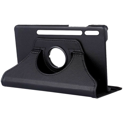 Capa protetora preta para tablet com suporte giratório e recortes nas laterais