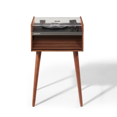 Toca-discos Crosley com gabinete de madeira castanha e tampo transparente