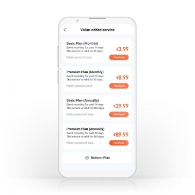 Ecrã de smartphone a mostrar planos de serviço com preços em euros e botões de compra