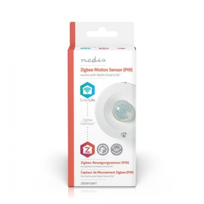 Sensor de movimento Zigbee da Nedis na embalagem com texto e logotipos