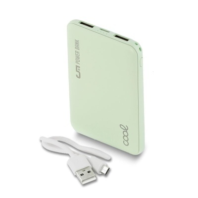 Carregador portátil power bank verde claro com cabo USB branco