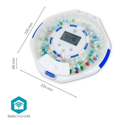Organizador circular de comprimidos transparente com ecrã digital e botões brancos