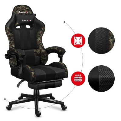 Cadeira gamer preta e camuflada com almofada de apoio e base com rodas
