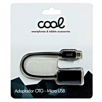 Adaptador OTG Micro USB preto da marca cool em embalagem blister branca e preta