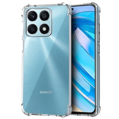 Smartphone HONOR azul com capa transparente e quatro câmaras traseiras.