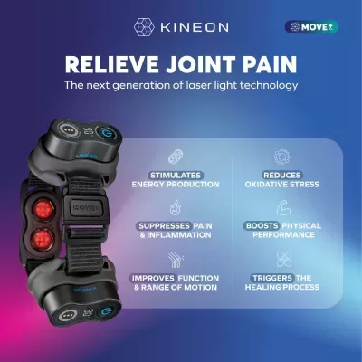 Dispositivo Kineon Move+ preto com emissores vermelhos para alívio da dor articular