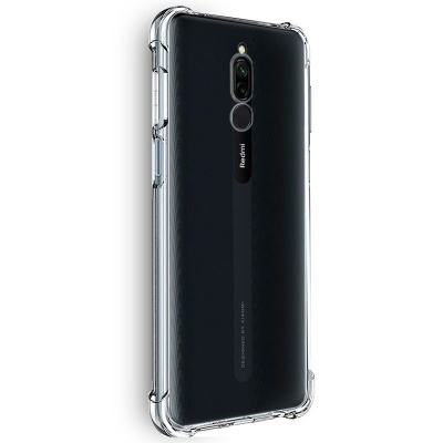 Smartphone Redmi preto com capa transparente reforçada