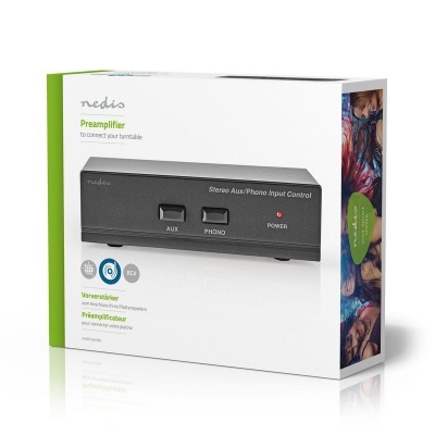 Caixa do preamplificador Nedis preta com botões AUX e PHONO num fundo branco e verde