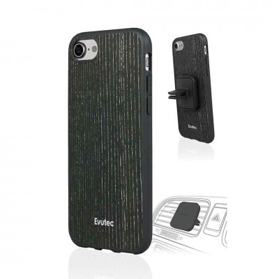 Capa preta para smartphone com textura madeira e acessório de montagem para carro