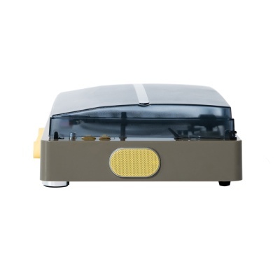 Aparelho elétrico com caixa cinza e tampa transparente escura visto de frente