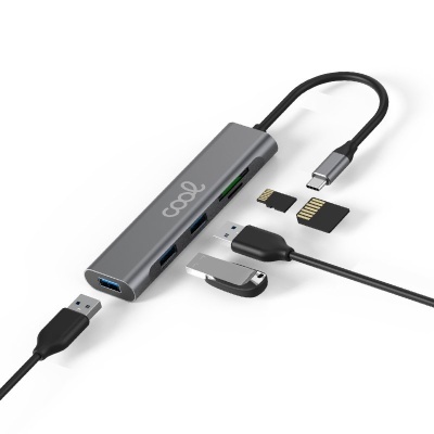 Hub USB tipo C cinzento com várias portas e cabos
