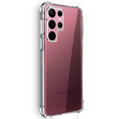 Smartphone Samsung rosa escuro com capa transparente e quatro câmaras traseiras