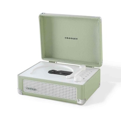 Gira-discos portátil verde claro aberto com painel branco e grelha frontal
