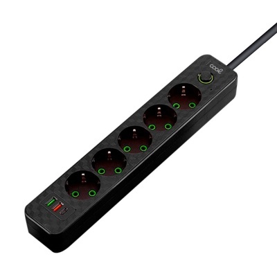 Filtro de linha preto com cinco tomadas redondas e três portas USB coloridas