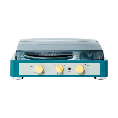 Aparelho de gira-discos azul com botões amarelos e tampa transparente