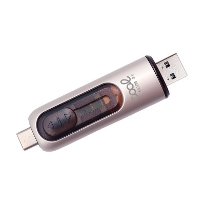 Pen drive metálico cinzento com botão deslizante preto e conectores USB-A e USB-C
