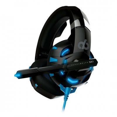 Auriculares gaming preto com luzes azuis e microfone integrado