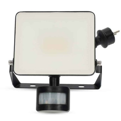 Projetor LED quadrado com sensor de movimento e ficha elétrica preta