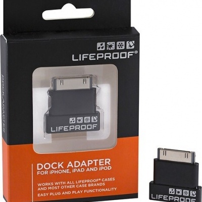 Adaptador dock preto LIFE PROOF para iPhone, iPad e iPod em embalagem preta e laranja