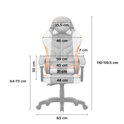 Cadeira gaming cinzenta, branca e laranja com medidas destacadas