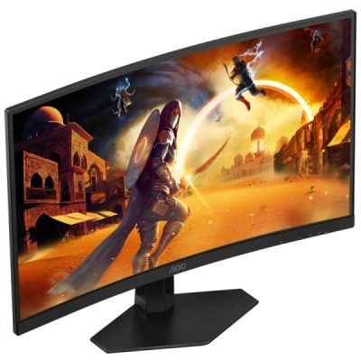Monitor de ecrã curvo com suporte preto exibindo jogo com cenário desértico e personagens em ação.