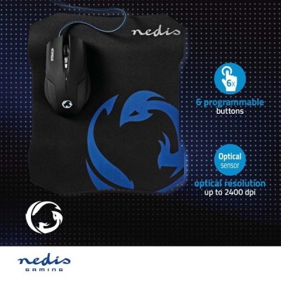 Rato gaming Nedis preto com tapete de rato preto e azul com texto informativo