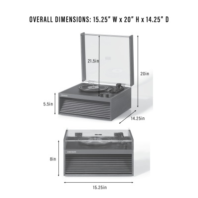 Gira-discos cinzento Crosley com tampa transparente e grelha frontal horizontal.