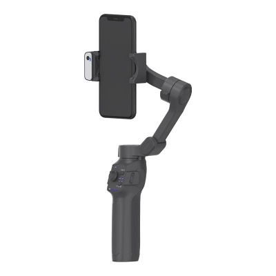 Gimbal estabilizador cinza escuro para smartphone com botões e suporte ajustável.