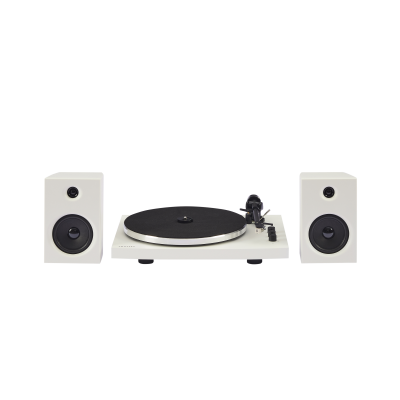 Sistema de áudio com gira-discos e dois altifalantes brancos