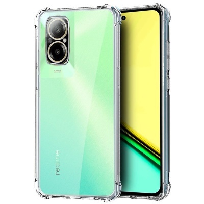 Smartphone realme verde com capa transparente e ecrã cheio