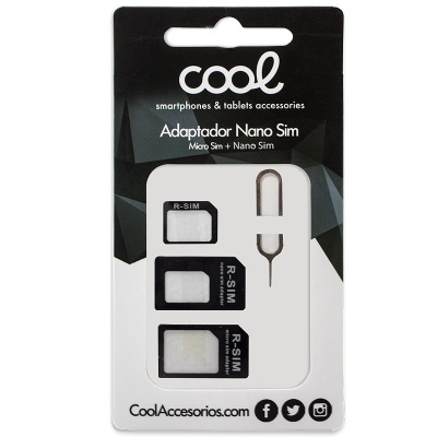 Adaptador Nano Sim Cool para smartphones e tablets em embalagem preta e branca