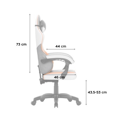 Cadeira de escritório branca com detalhes cinza e laranja em fundo branco com medidas indicadas