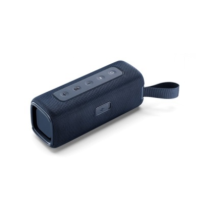 Coluna portátil Bluetooth em tecido azul escuro com botões de controlo