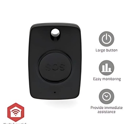 Dispositivo preto com botão SOS e ícones explicativos ao lado