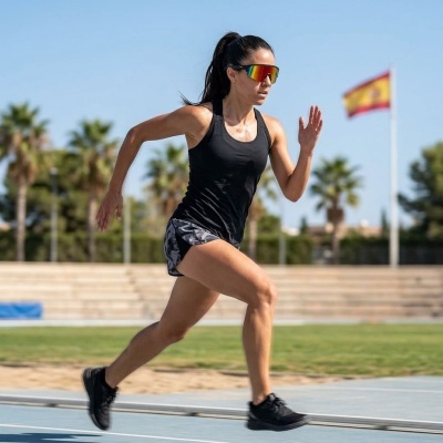 Mulher a correr com roupa desportiva preta e óculos espelhados numa pista ao ar livre