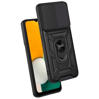 Capa preta para telemóvel com suporte circular e tampa deslizante para a câmara