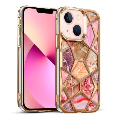 Capa de smartphone com padrão geométrico mármore rosa e dourado