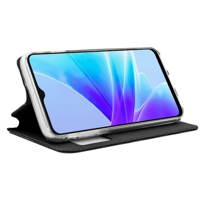 Telemóvel em capa carteira preta, ecrã azul roxo em posição horizontal