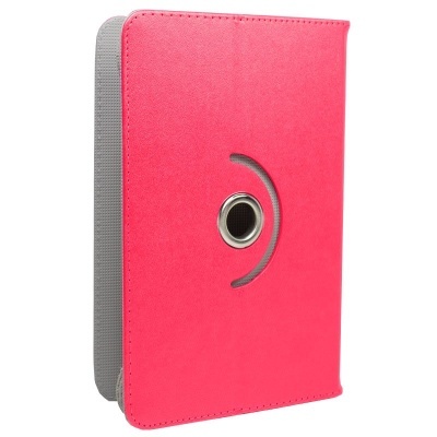 Capa de tablet rosa com detalhe circular metálico e lateral cinzenta