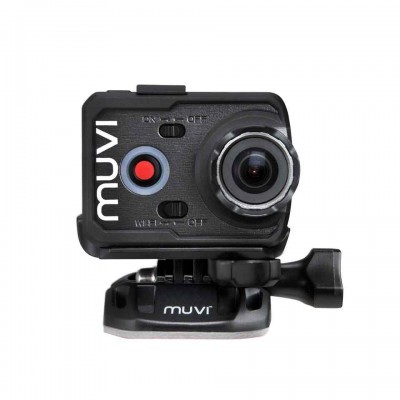 Câmara de ação preta MUVI com botão vermelho e lente circular