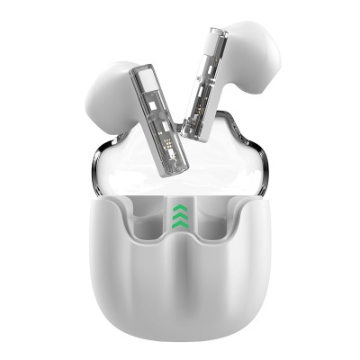 Earphones wireless brancos com componentes visíveis e caixa de carregamento