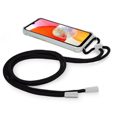 Telefone móvel com capa transparente e cordão preto