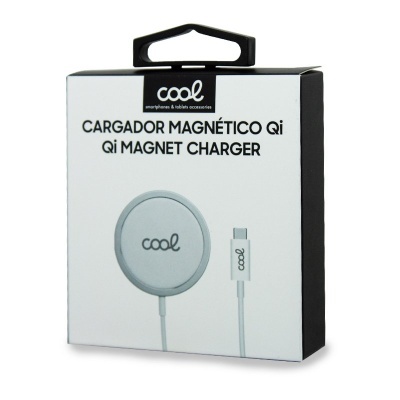 Caixa de carregador magnético Qi branco da marca Cool com ilustração do produto