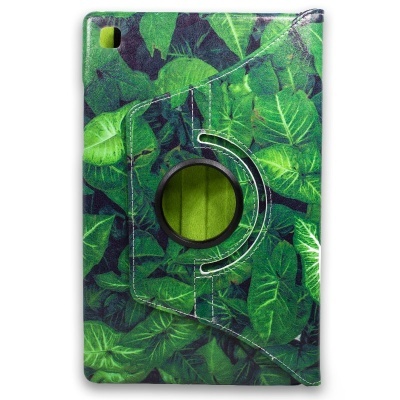Capa para tablet com estampa de folhas verdes e corte para câmera