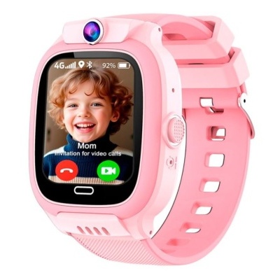 Relógio inteligente infantil rosa com ecrã a mostrar chamada de vídeo
