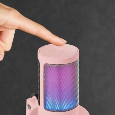 Candeeiro de mesa cilíndrico rosa com luzes azuis e roxas e botão superior