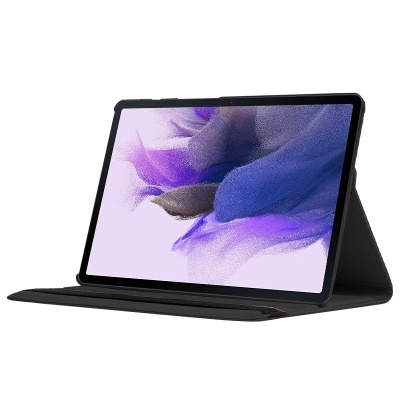 Tablet preto com ecrã a cores numa capa preta em suporte