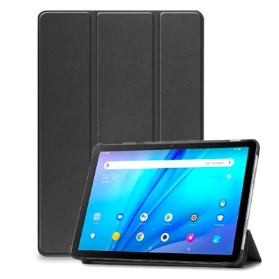 Tablet com capa preta e ecrã azul com aplicações
