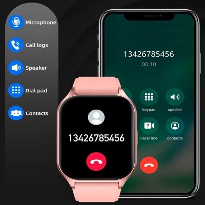 Smartwatch cor de rosa com chamada em curso e smartphone preto com chamada correspondente