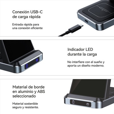 Base de carregamento sem fios cinzenta com indicadores LED azuis